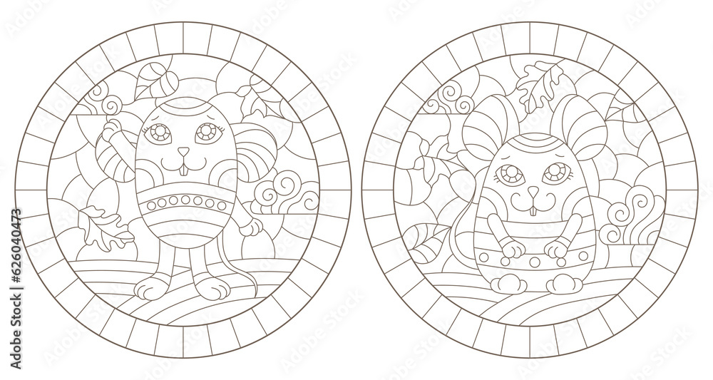 A set of contour illustrations in the style of stained glass with cute cartoon mice, dark contours on a white background A set of contour illustrations in the style of stained glass with cute cartoon mice, dark contours on a white background