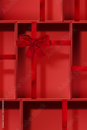 Abstract 3D Vector minimal scene for mockup product display. Minimal product background for Christmas and sale event concept. Red gift box with red ribbon bow on red background. Vector EPS10