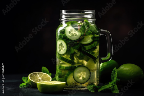 cold drink with basil, cucumber and lime. Mojito, lemonade with basil. Infused cucumber drink with mint. Detox water. Dark background. 