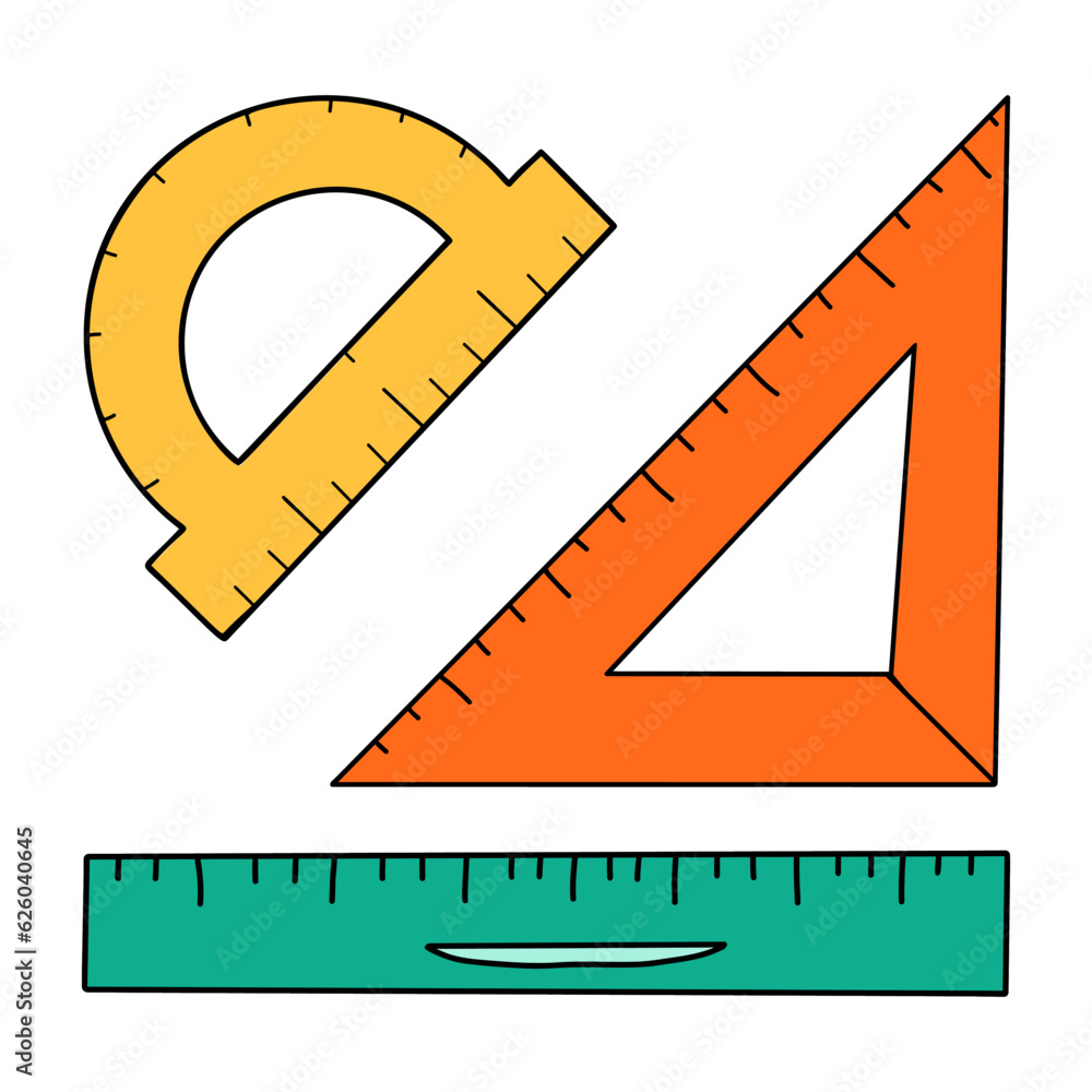 School rulers cartoon in doodle retro style. Back to school stationery element bold bright. Classic supplies for children education or office work. Fun vector illustration isolated on white background School rulers cartoon in doodle retro style. Back to school stationery element bold bright. Classic supplies for children education or office work. Fun vector illustration isolated on white background