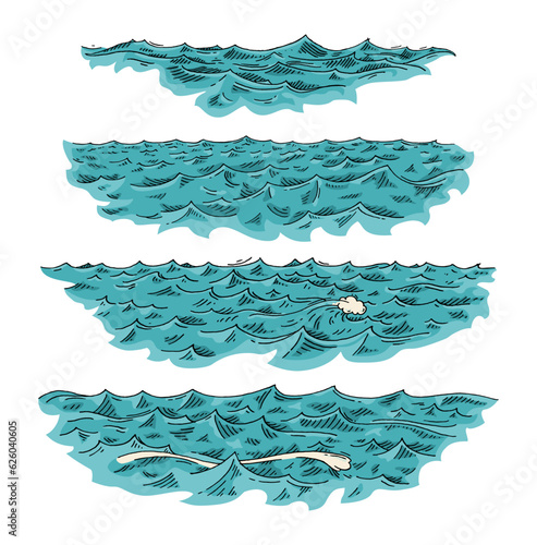 Sea waves. Vintage vector engraving color illustration. Isolated on white