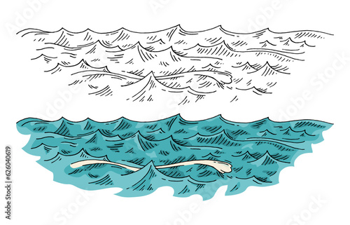 Sea waves. Vintage vector engraving color illustration. Isolated on white © Ihor