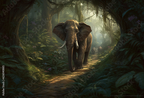 an elephant walking through a path surrounded by large plants