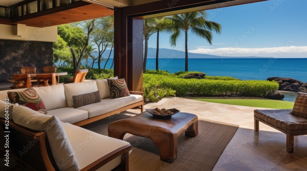 Obraz premium Beachfront villa with a private cabana and direct access to the white sands of Wailea Beach in Maui, Hawaii