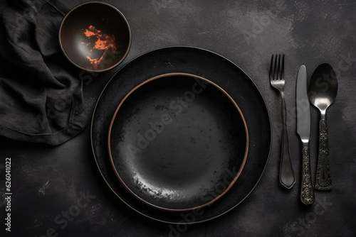 An empty black plate with cutlery on a dark concrete background. Home dinner cooking on stone table. Top view with copy space