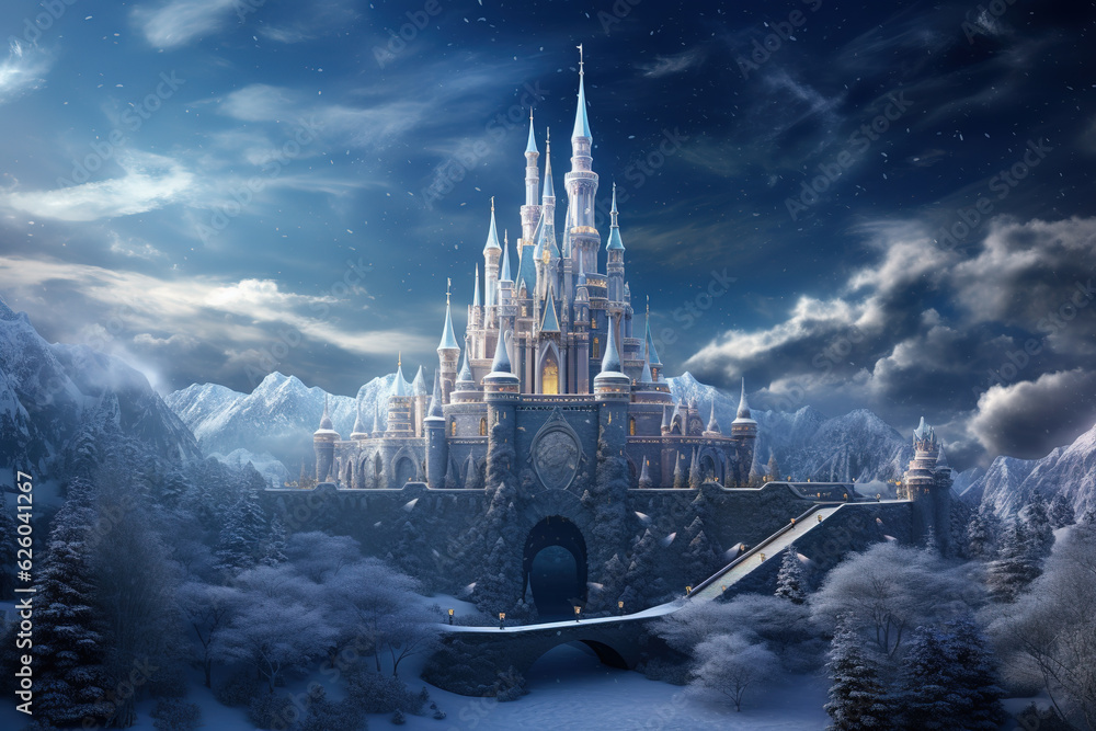Magic Castle in a winter wonderland. Fantasy snowy landscape. Winter castle on the mountain, winter forest.