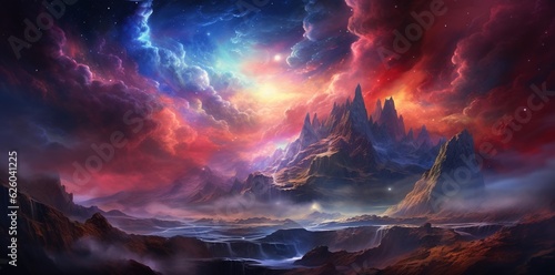 Fantasy Landscape with abstract Sky with lot of Galaxies. 