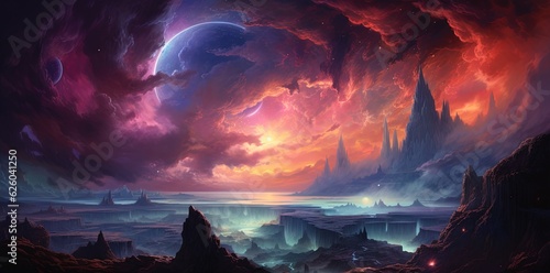 Fantasy Landscape with abstract Sky with lot of Galaxies. 