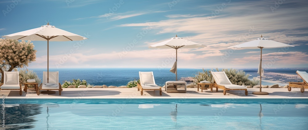 Fototapeta premium SPA with some Beach Loungers and some Palms near the Ocean and the Pool creating an Exotic Mixed View.