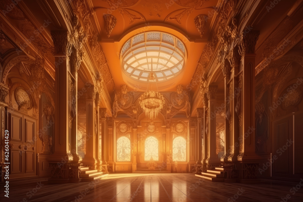 A realistic fantasy interior of the royal palace. golden palace. castle interior. Fiction Backdrop. 