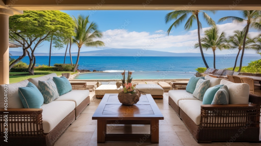 Beachfront villa with a private cabana and direct access to the white sands of Wailea Beach in Maui, Hawaii - obrazy, fototapety, plakaty 