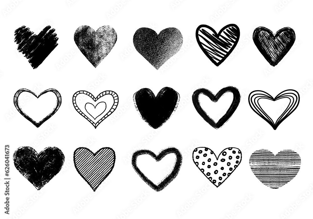 Black grunge hearts icons. Collection set of hand drawn scribble hearts isolated. Hand drawn graffiti, rough marker hearts isolated on white background.