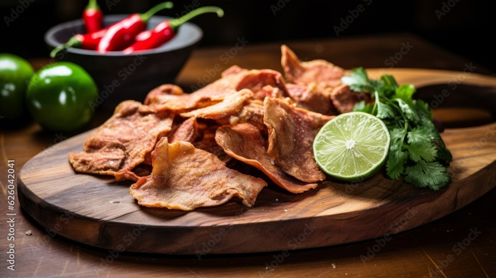 Chicharrones garnished with lime and spices on a rustic wooden board Chicharrones garnished with lime and spices on a rustic wooden board