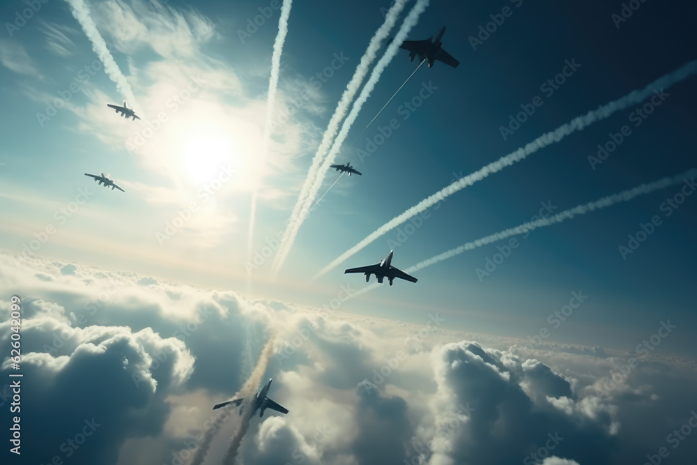 Fighter jets flying in a military combat zone. Bomber plane with contrails. Active war zone in the sky.