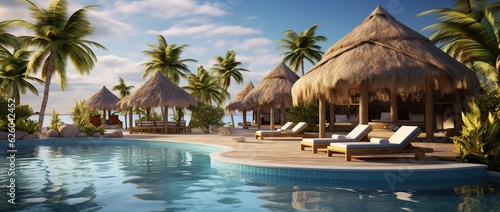 SPA with some Beach Loungers and some Palms near the Ocean and the Pool creating an Exotic Mixed View.