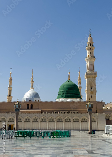 The mosque was founded by Prophet Muhammad. The famous green and silver domes of the Prophet's Mosque. Masjid an-Nabawi.