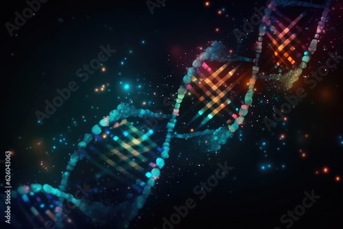DNA double helix genetic material. Gene sequencing abstract design. Floating in space background. 