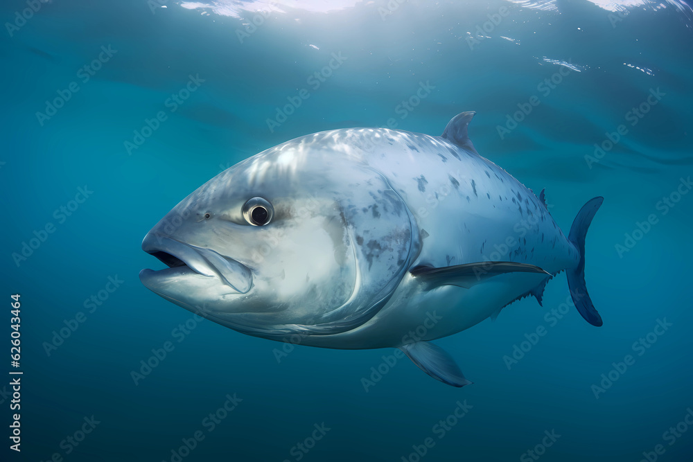 Fototapeta premium Giant Trevally - Found in the Indian and Pacific Oceans, are commonly used in Asian cuisine and have a firm, meaty texture (Generative AI)