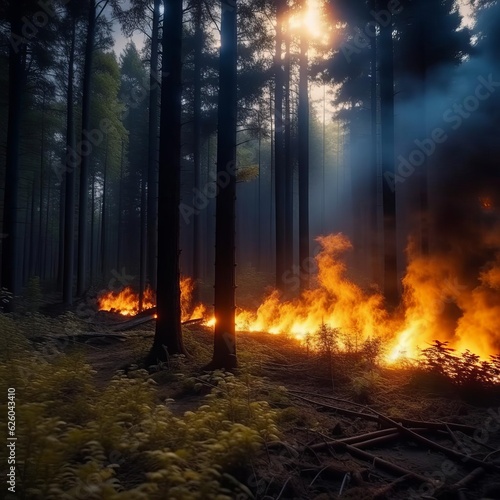 Fire in the forest. High fire risk due to global warming