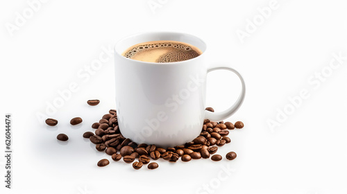 Cup with coffe and coffee beans around on white background, Generated AI