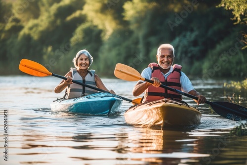 an elderly man with friends, families, kayaking on the water, generated by ai #626044613