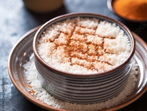 Rice Pudding lightly dusted with cinnamon on a ceramic white plate
