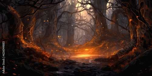 Fantasy mysterious and fairytale magical forest with amber lighting pathway at dark misty night, generative ai