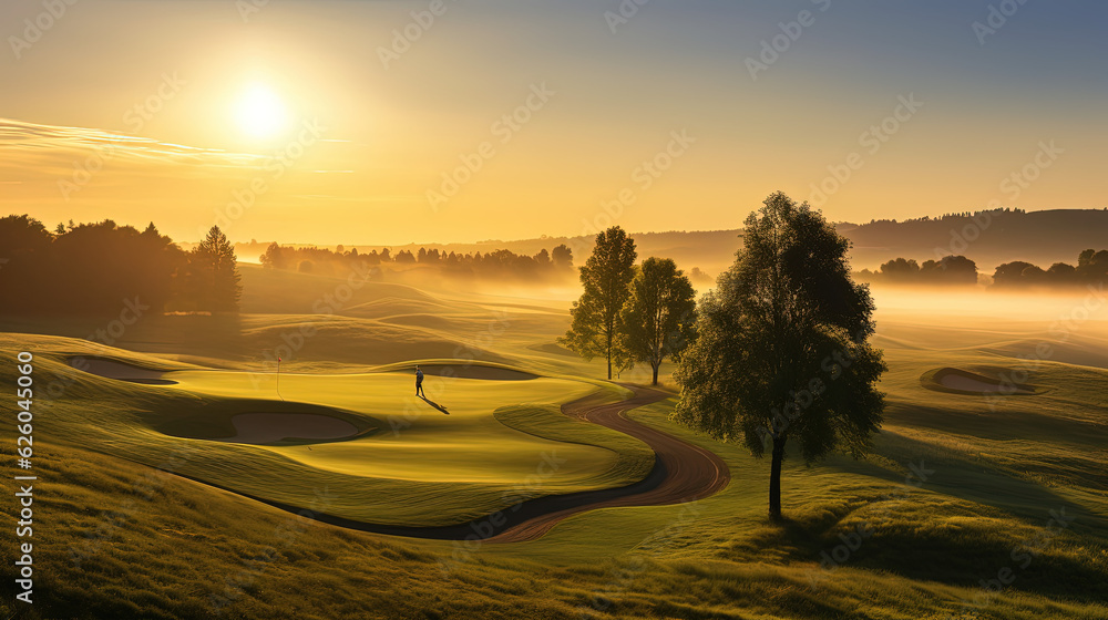 Sunrise over a golf course. Generative AI Sunrise over a golf course. Generative AI