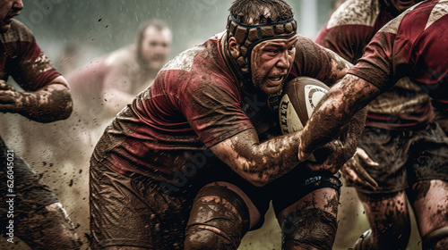 Rugby players fighting in the mud for the ball. Generative AI