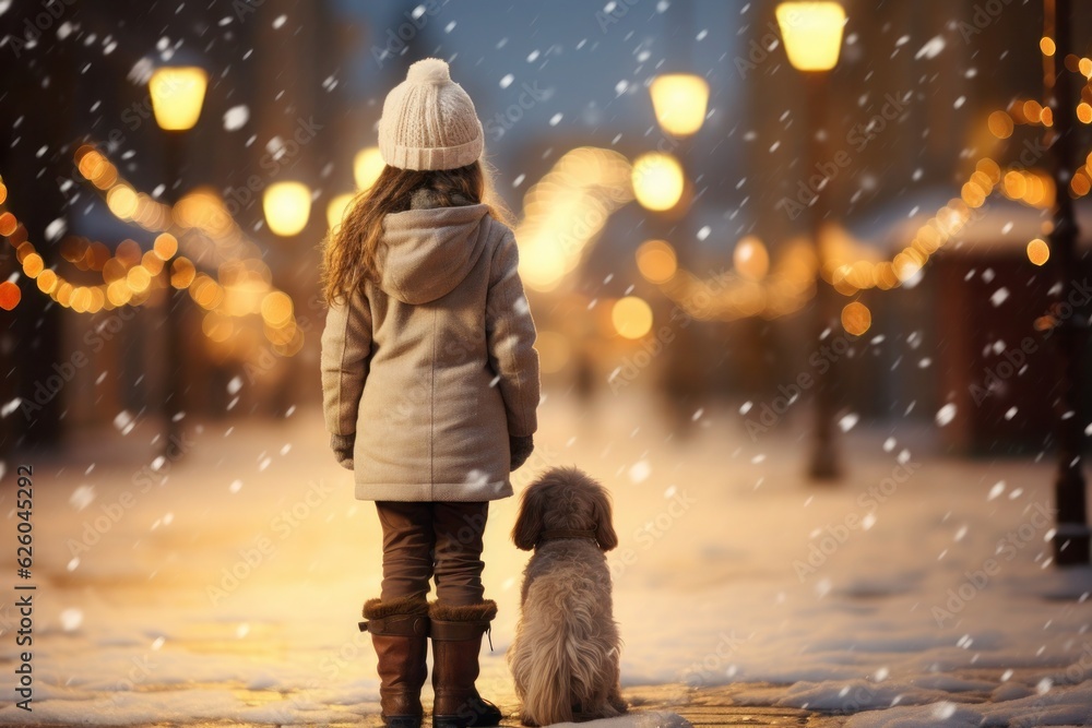 a girl walks with a dog along the snow-covered streets, lit by lanterns, in winter, ai generated a girl walks with a dog along the snow-covered streets, lit by lanterns, in winter, ai generated