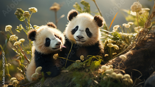 2 cute cuddly panda babies playing with each other in the green grass, generative AI