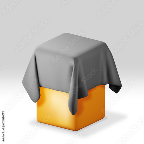 3D Gold Podium Covered with Piece of Black Silk Isolated. Render Stage with Dark Cloth Mockup. Valentine Day, Birthday Card, Product Display Presentation Advertisement. Realistic Vector Illustration