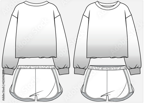 OMBRE DROP SHOULDER LONG SLEEVES CROPPED SWEAT TOP PAIRED WITH SPORTY DOLPHIN HEM SHORTS  COORDINATE SET DESIGN FOR WOMEN TEEN GIRLS KID GIRLS IN EDITABLE FILE