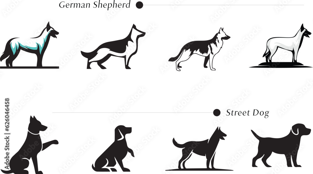 Naklejka premium German shepherd and street dog vector set, silhouette, horse, animal, vector, dog, animals, illustration, pet, black, wild, set, icon, farm, tiger, running, nature, cat, collection, silhouettes, wild