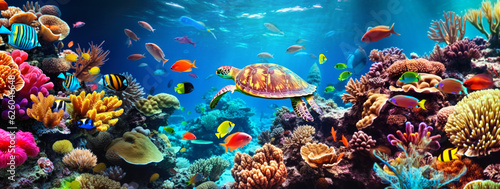 Colourful tropical sea fish swimming over coral reef, large turtle in middle. Generative AI © Lubo Ivanko