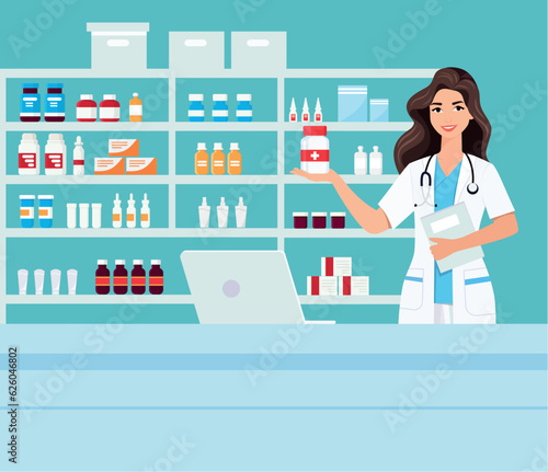 pharmacy with nurse in counter. drugstore cartoon character design vector illustration