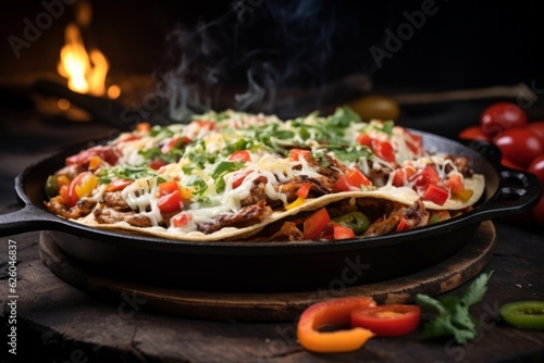 fajitas neatly presented in a cast iron skillet with a sprinkle of melted cheese and fresh tomatoes