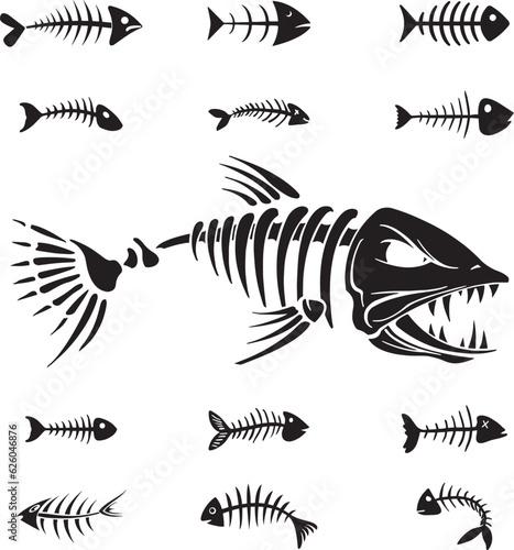 set of fish bone vector elements, fish, sea, animal, vector, fishing, illustration, water, ocean, cartoon, icon, shark, underwater, nature, silhouette, set, tuna, fin, aquatic, marine, food, sea