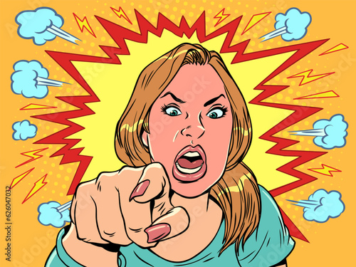 Express your anger at other people. In comic book style, the girl is in a state of anger. The woman screams in rage and points with her index finger. Pop Art Retro