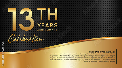 13th anniversary template design in gold color isolated on a black and gold texture background, vector template
