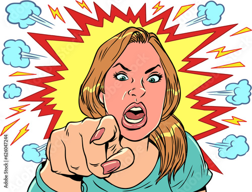 Express your anger at other people. In comic book style, the girl is in a state of anger. The woman screams in rage and points with her index finger. Pop Art Retro