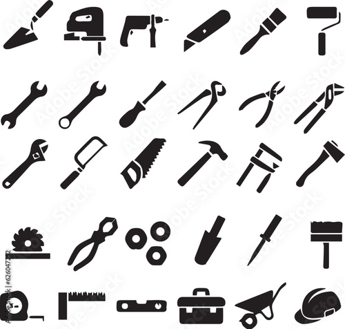 Set of editable vector tools, icon, tool, vector, tools, set, hammer, icons, brush, scissors, illustration, symbol, saw, silhouette, equipment, screwdriver, repair, wrench, construction, work
