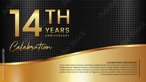 14th anniversary template design in gold color isolated on a black and gold texture background, vector template