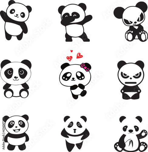 Set of panda cartoon and panda face element, cartoon, animal, vector, panda, set, illustration, icon, baby, animals, dog, pig, bear, character, art, funny, face, cute, elephant, head, cat, lion, cow