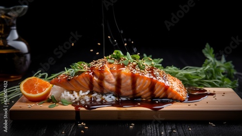 A photo with presentation of delicious Salmon Teriyaki, food photography, gourmet created with Generative AI technology