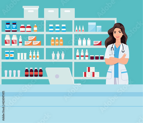 pharmacy with nurse in counter. drugstore cartoon character design vector illustration