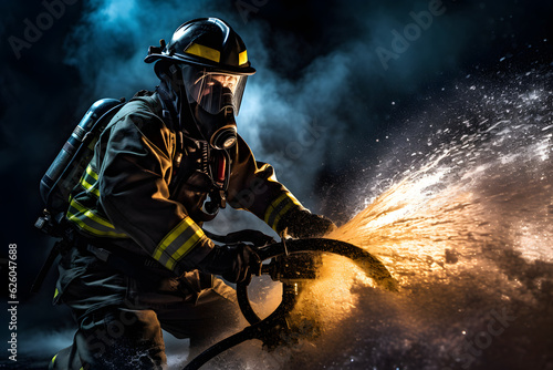 A firefighter extinguishing a fire with a hose photo