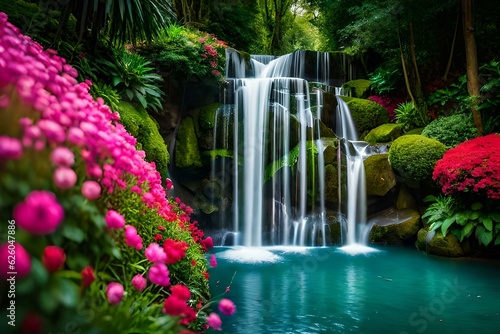 A sprawling park with an artificial Waterfall and Pink Flowers - AI Generative © Being Imaginative