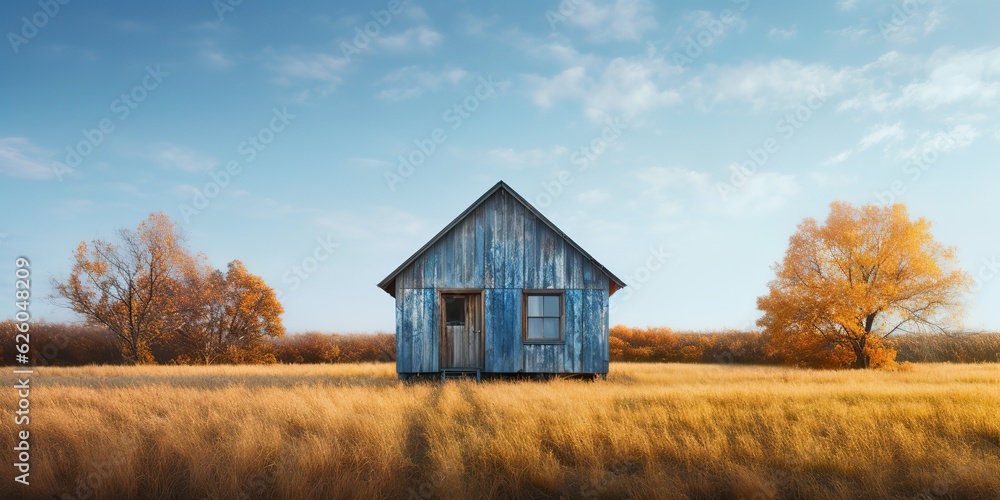 AI Generated. AI Generative. Nature outdoor lonely minimal wooden house on yellow autumn farming field. Adventure vacation countryside background relaxing vibe. Graphic Art AI Generated. AI Generative. Nature outdoor lonely minimal wooden house on yellow autumn farming field. Adventure vacation countryside background relaxing vibe. Graphic Art
