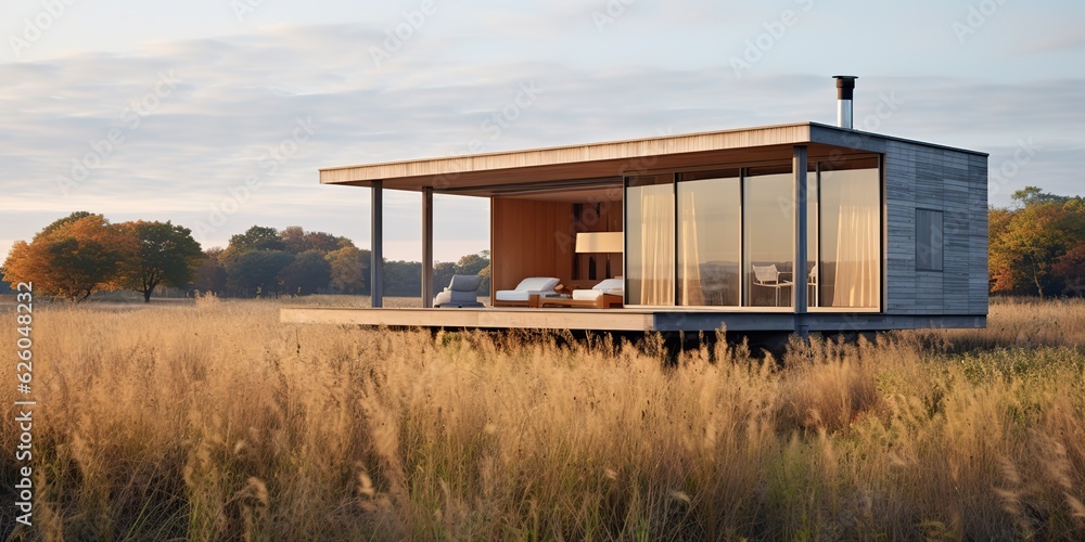 AI Generated. AI Generative. Nature outdoor lonely minimal wooden house on yellow autumn farming field. Adventure vacation countryside background relaxing vibe. Graphic Art AI Generated. AI Generative. Nature outdoor lonely minimal wooden house on yellow autumn farming field. Adventure vacation countryside background relaxing vibe. Graphic Art